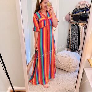 All things Mochi Soft Rainbow Multicolored Soft Button Front Maxi Dress S